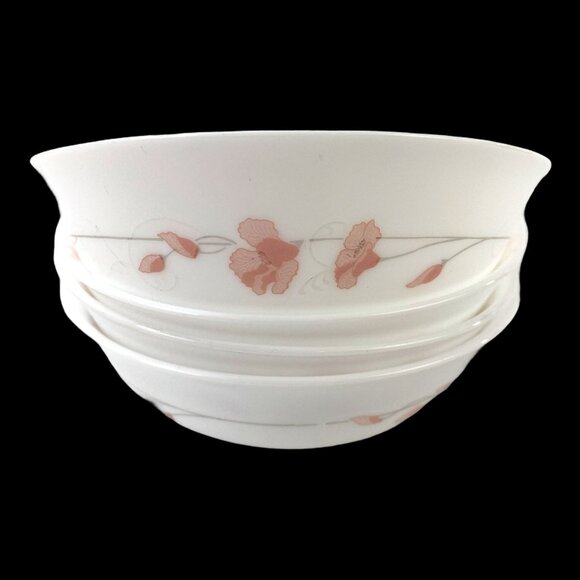 Arcopal France Linette 4 Cereal Soup Bowls White Peach Flowers Gray Stems - Picture 1 of 4